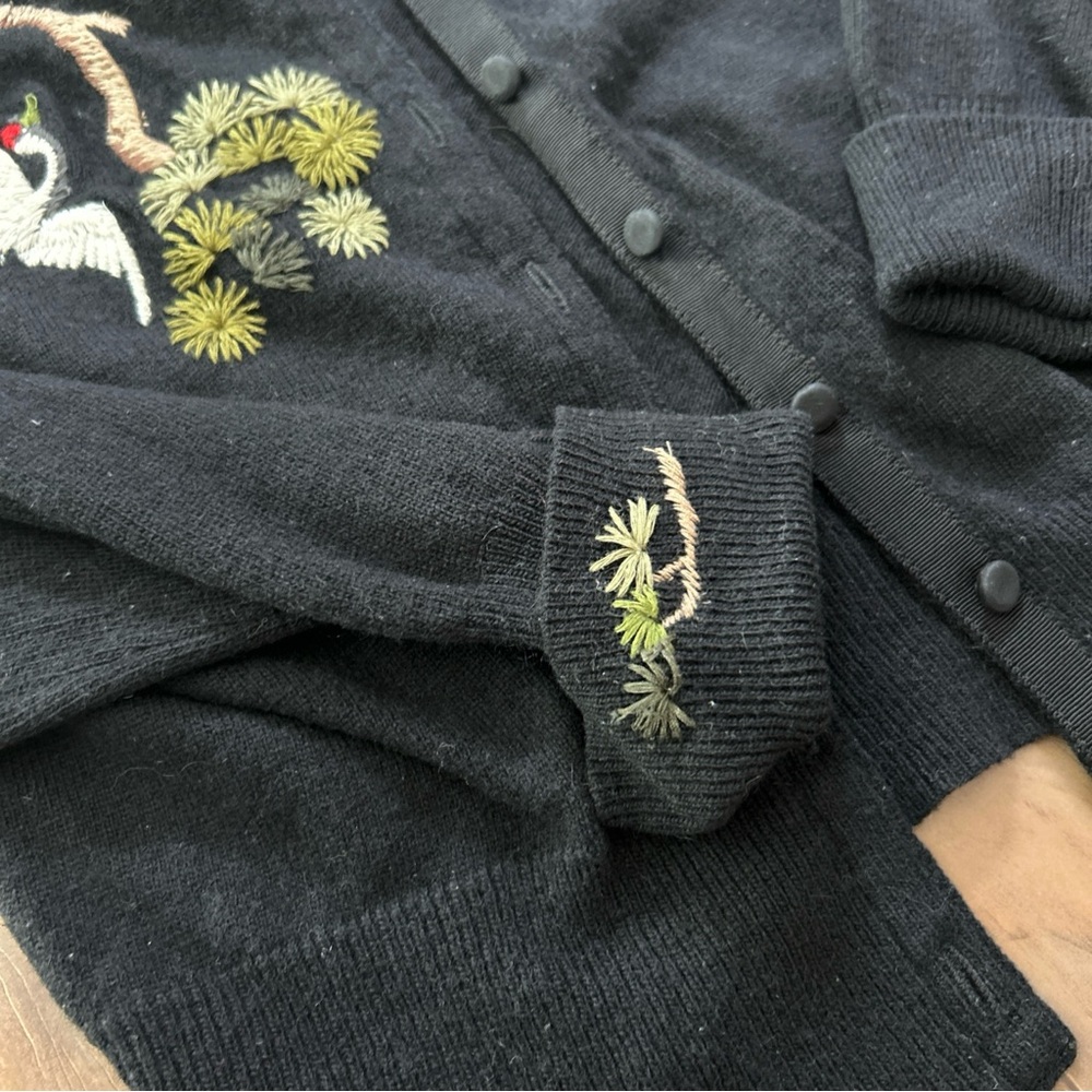 Lucky Brand Crane Embroidery Cottagecore Cardigan Lambswool Blend Soft Knit Sz S - Picture 4 of 12